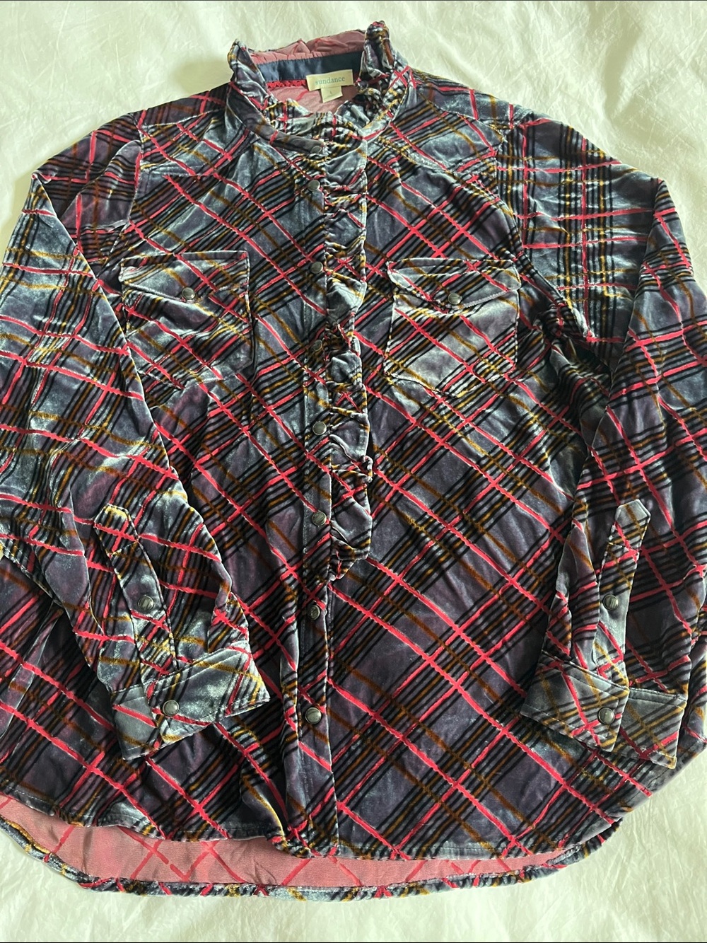 Sundance plaid silk blend velvet burnout snap down blouse purple pink ruffle